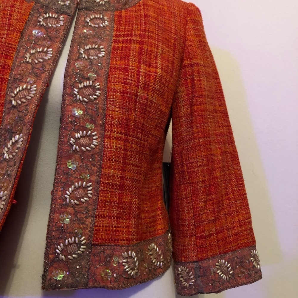 Josephine Chaus Orange Tweed Beaded Blazer Jacket - Picture 13 of 14